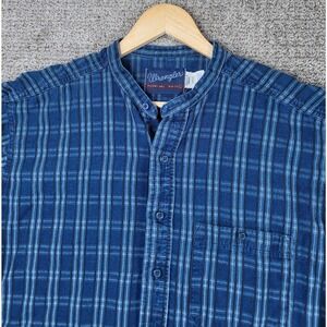 Wrangler X Long Tails Mens Blue Plaid Band Collar Long‎ Sleeve Shirt L 16 1/2 35